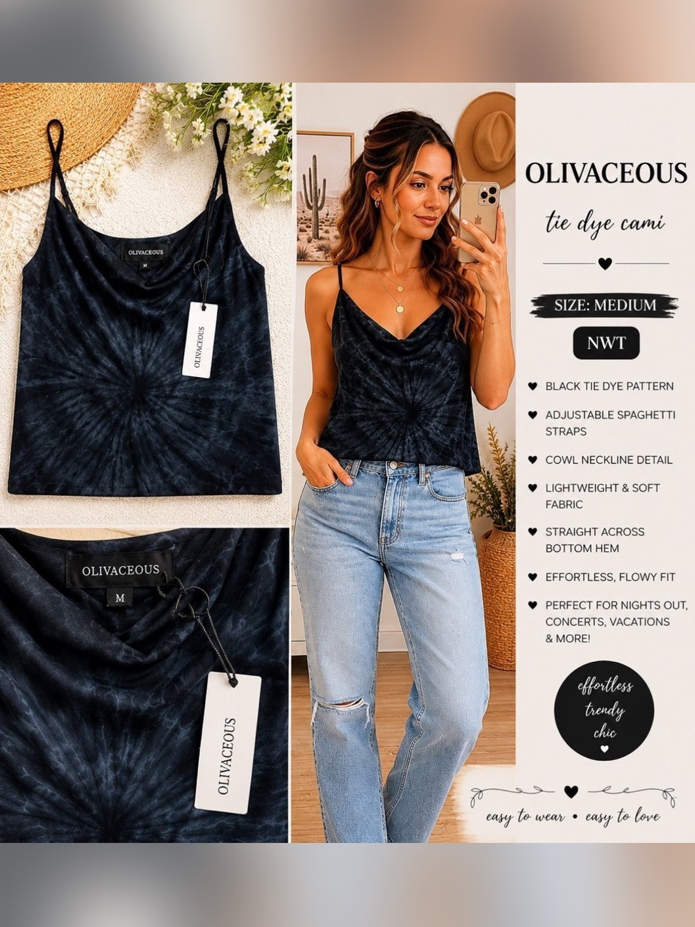 Olivaceous Black Tie-Dye Cowl Neck Spaghetti Strap Cami NWT